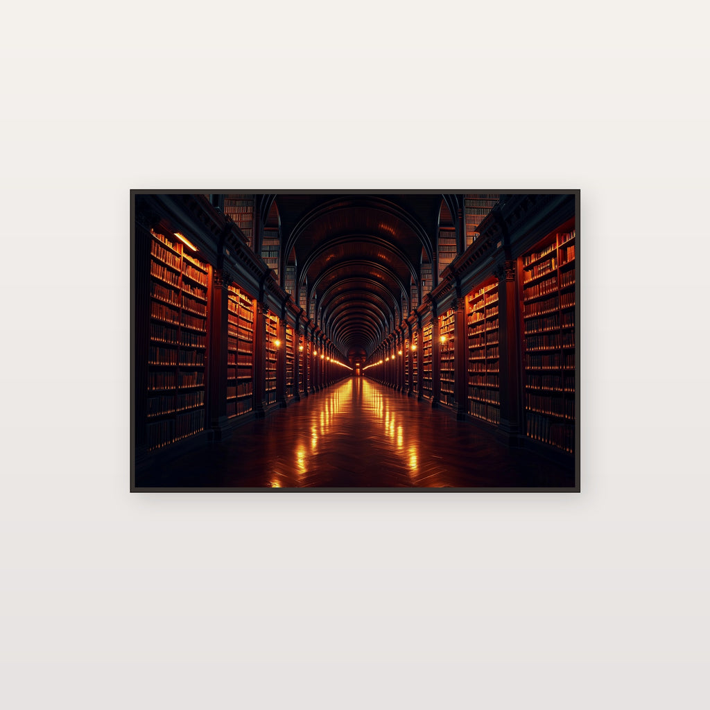 Library Corridor Canvas Wall Art | Vanishing Point Print, Dark Academia Decor, Stretched Canvas — library-corridor-perspective-canvas-print.jpg