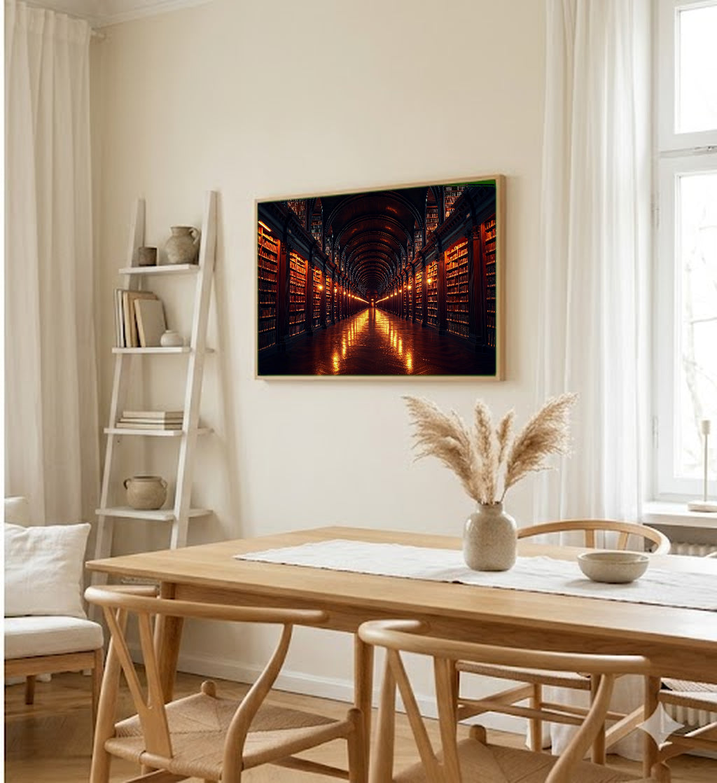 Library Corridor Canvas Wall Art | Vanishing Point Print, Dark Academia Decor, Stretched Canvas — library-corridor-perspective-dining-room-wall-art.jpg