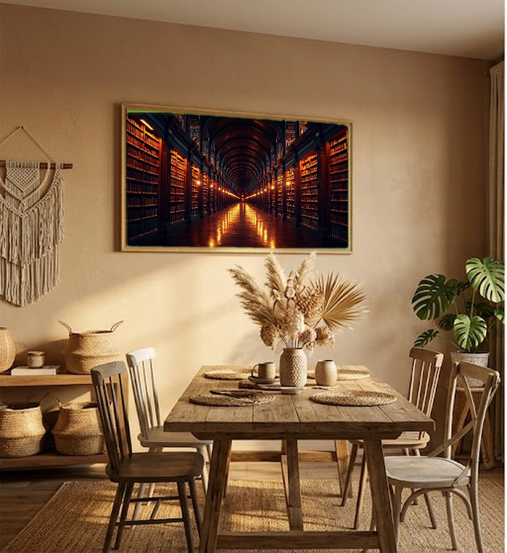 Library Corridor Canvas Wall Art | Vanishing Point Print, Dark Academia Decor, Stretched Canvas — library-corridor-perspective-hallway-wall-art.jpg
