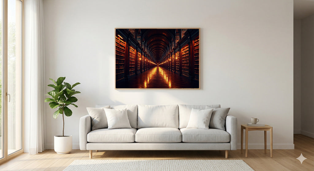 Library Corridor Canvas Wall Art | Vanishing Point Print, Dark Academia Decor, Stretched Canvas — library-corridor-perspective-living-room-wall-art.jpg