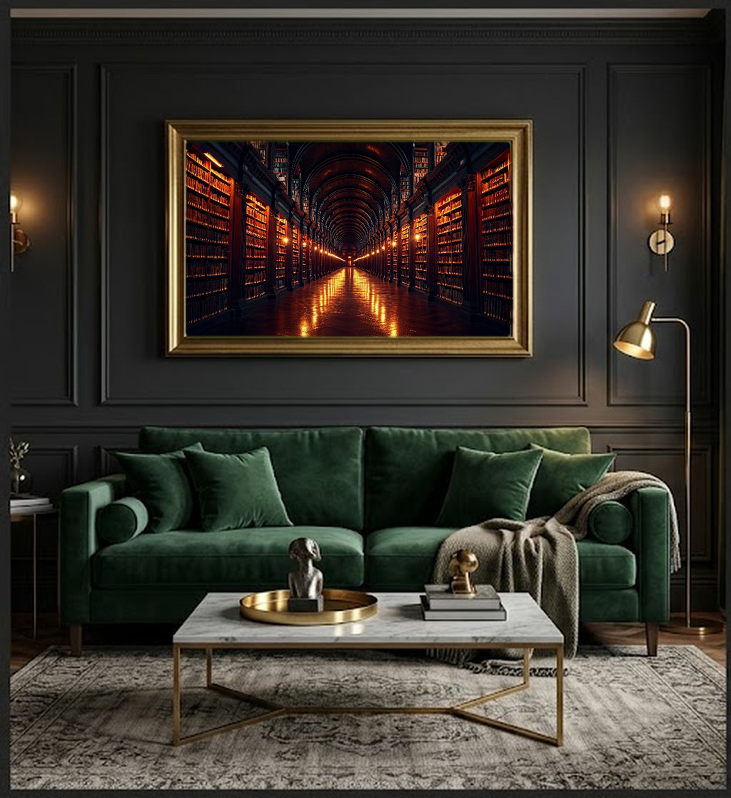 Library Corridor Canvas Wall Art | Vanishing Point Print, Dark Academia Decor, Stretched Canvas — library-corridor-perspective-office-wall-art.jpg