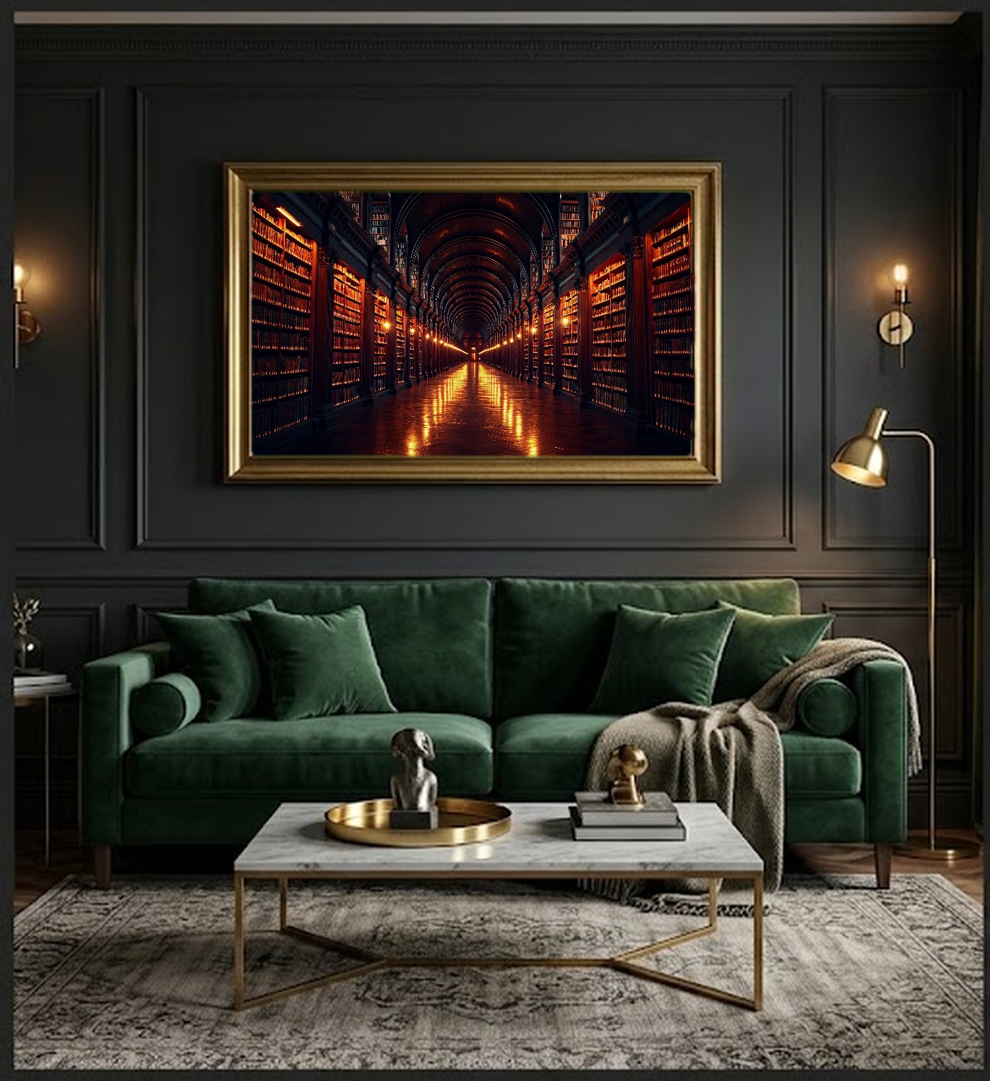 Library Corridor Canvas Wall Art | Vanishing Point Print, Dark Academia Decor, Stretched Canvas — library-corridor-perspective-office-wall-art.jpg