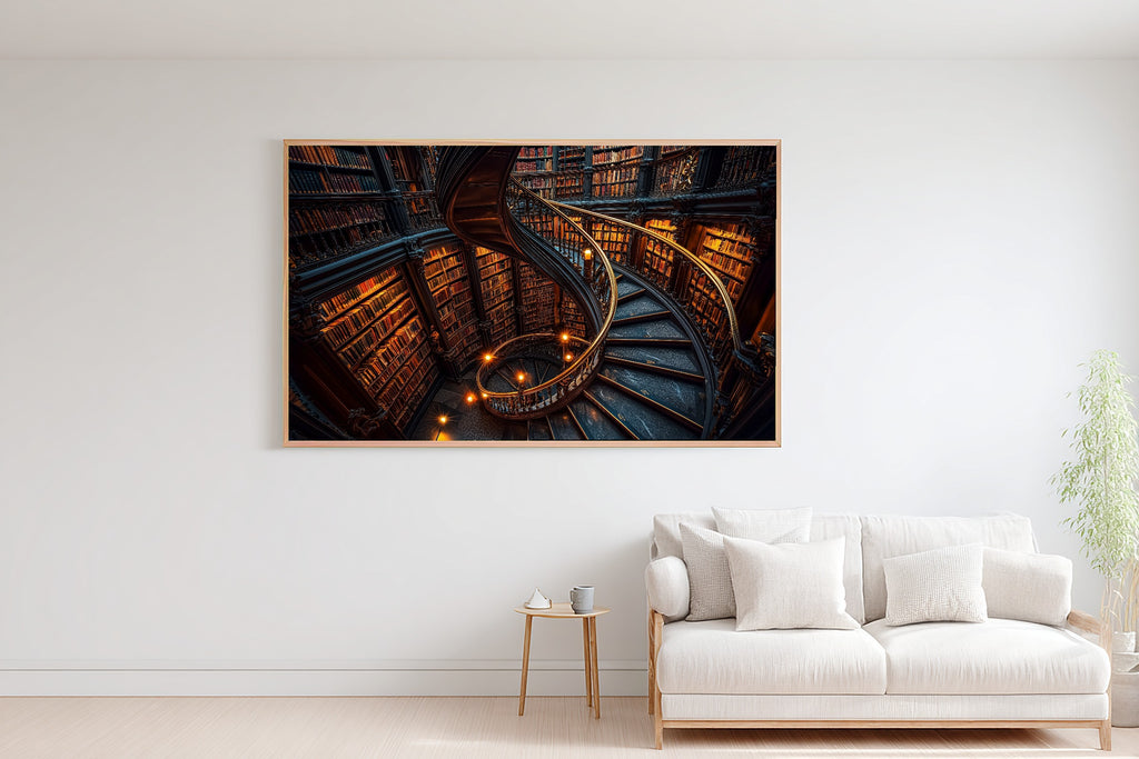 Library Staircase Gold Print on Stretched Canvas — Cozy Soft Painterly for the Living Room, Gift for the Art Lover in Your Life — library-staircase-gold-bedroom-wall-art.jpg