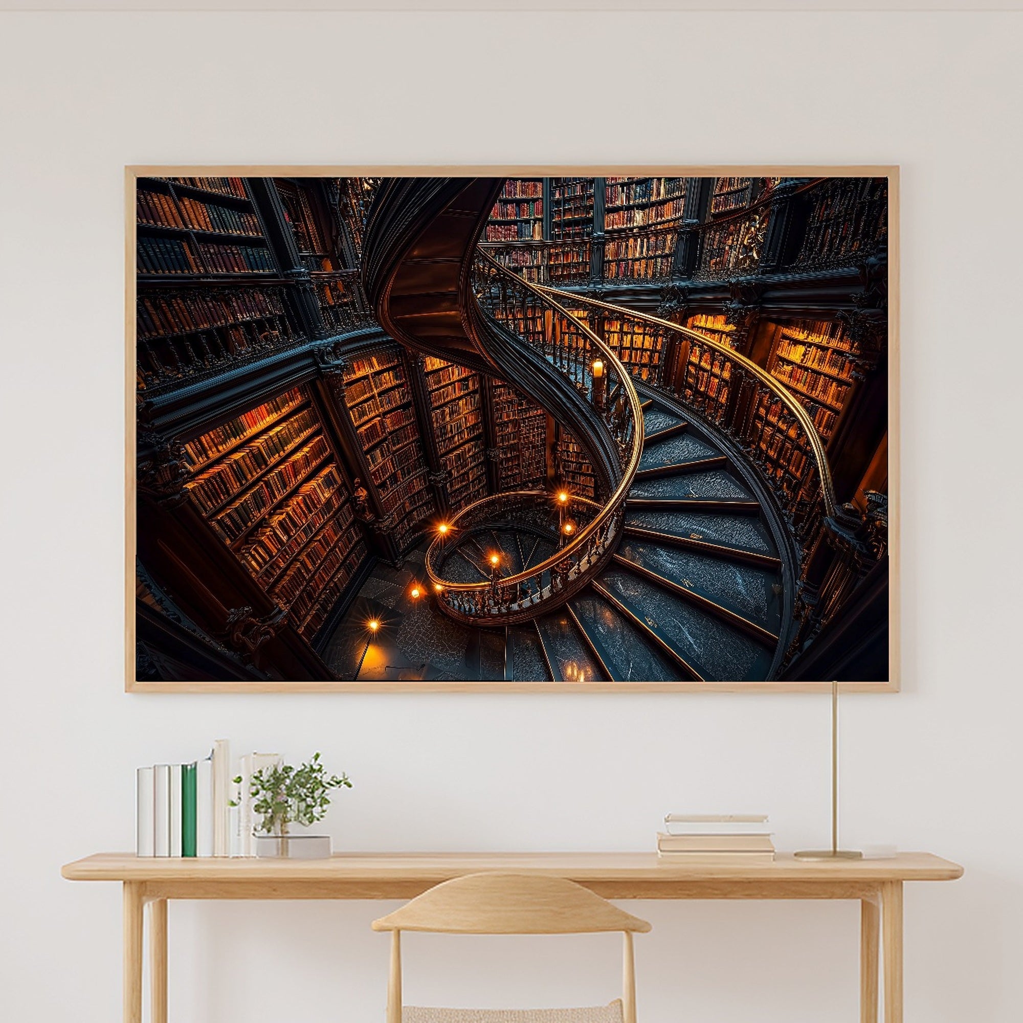 Library Staircase Gold Print on Stretched Canvas — Cozy Soft Painterly for the Living Room, Gift for the Art Lover in Your Life — library-staircase-gold-canvas-print.jpg