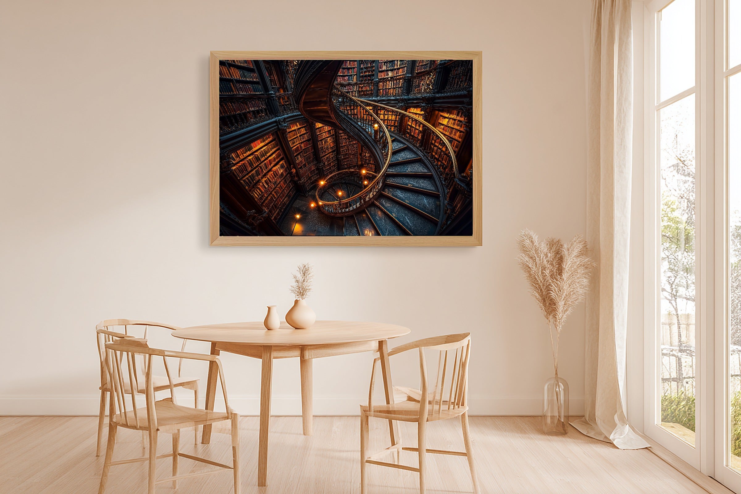 Library Staircase Gold Print on Stretched Canvas — Cozy Soft Painterly for the Living Room, Gift for the Art Lover in Your Life — library-staircase-gold-dining-room-wall-art.jpg