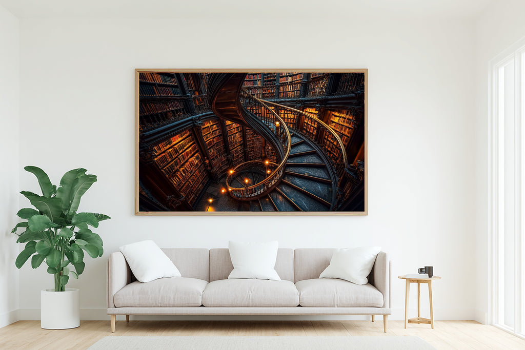 Library Staircase Gold Print on Stretched Canvas — Cozy Soft Painterly for the Living Room, Gift for the Art Lover in Your Life — library-staircase-gold-living-room-wall-art.jpg