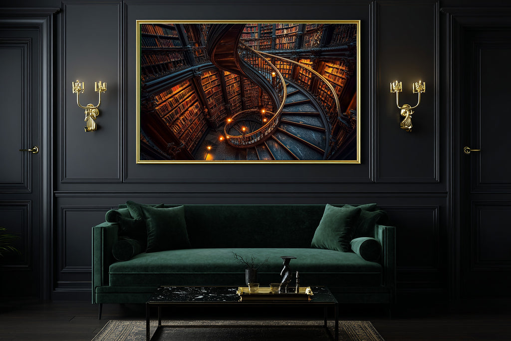 Library Staircase Gold Print on Stretched Canvas — Cozy Soft Painterly for the Living Room, Gift for the Art Lover in Your Life — library-staircase-gold-office-wall-art.jpg
