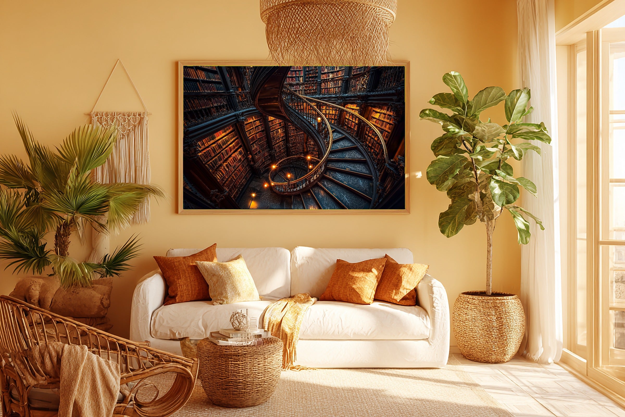 Library Staircase Gold Print on Stretched Canvas — Cozy Soft Painterly for the Living Room, Gift for the Art Lover in Your Life — library-staircase-gold-room-5-wall-art.jpg