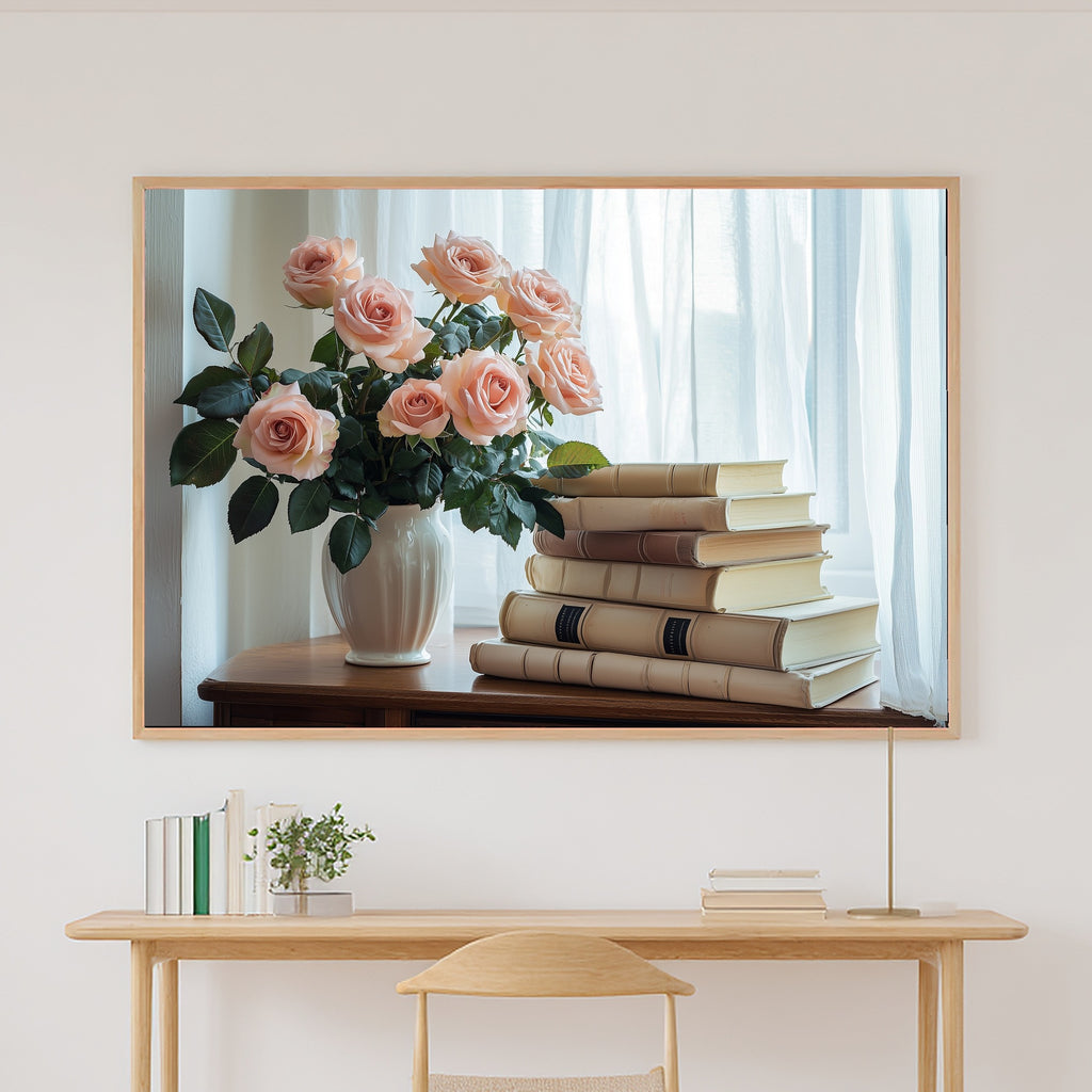 Light Academia Ivory Library Roses Museum-Quality Canvas, Soft Painterly Print Gallery Print, Above-the-Home Office Decor — light-academia-ivory-library-roses-canvas-print.jpg