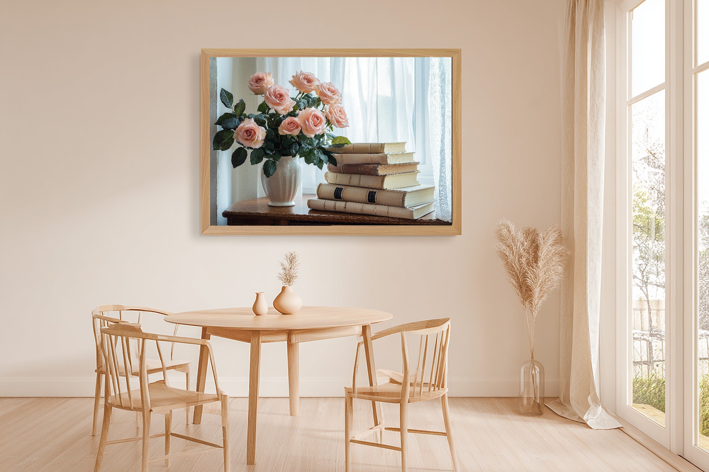 Light Academia Ivory Library Roses Museum-Quality Canvas, Soft Painterly Print Gallery Print, Above-the-Home Office Decor — light-academia-ivory-library-roses-dining-room-wall-art.jpg