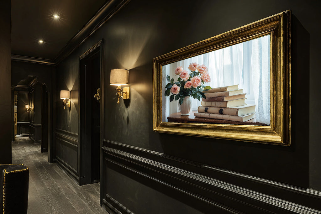 Light Academia Ivory Library Roses Museum-Quality Canvas, Soft Painterly Print Gallery Print, Above-the-Home Office Decor — light-academia-ivory-library-roses-hallway-wall-art.jpg