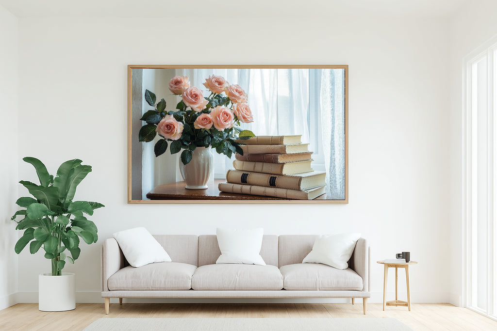 Light Academia Ivory Library Roses Museum-Quality Canvas, Soft Painterly Print Gallery Print, Above-the-Home Office Decor — light-academia-ivory-library-roses-living-room-wall-art.jpg