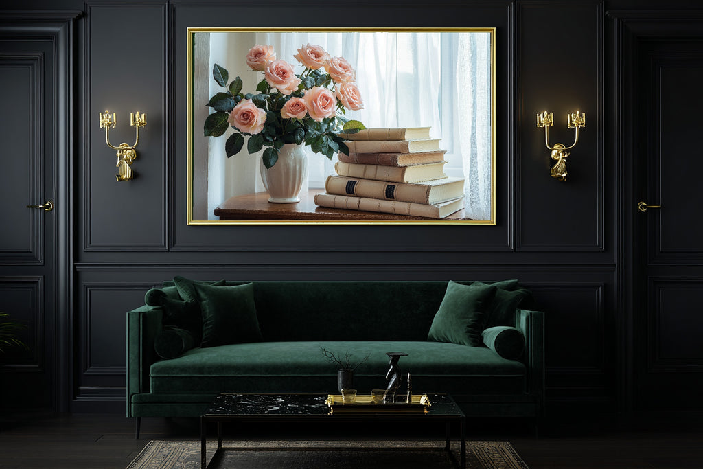 Light Academia Ivory Library Roses Museum-Quality Canvas, Soft Painterly Print Gallery Print, Above-the-Home Office Decor — light-academia-ivory-library-roses-office-wall-art.jpg