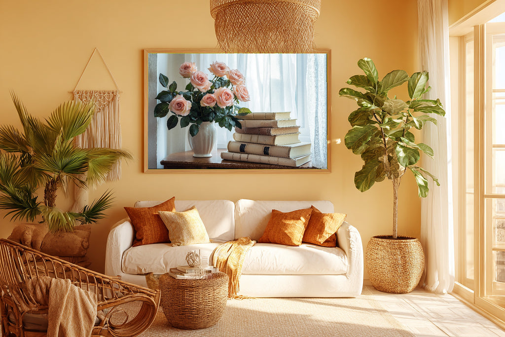 Light Academia Ivory Library Roses Museum-Quality Canvas, Soft Painterly Print Gallery Print, Above-the-Home Office Decor — light-academia-ivory-library-roses-room-5-wall-art.jpg