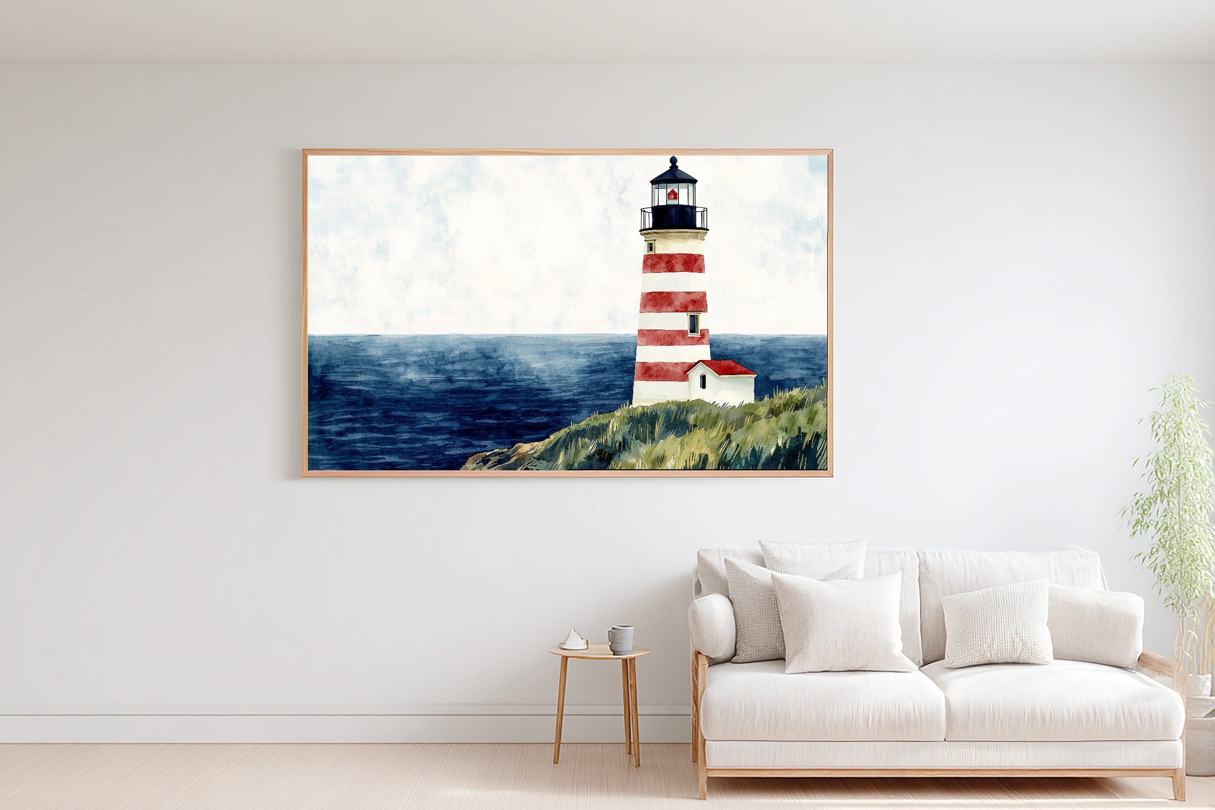 Soft Paradise Lighthouse Preppy Watercolor Canvas Wall Art — Warm Print for the Sunroom, A Gift the Island-Loving Friend Will Adore — lighthouse-preppy-watercolor-bedroom-wall-art.jpg