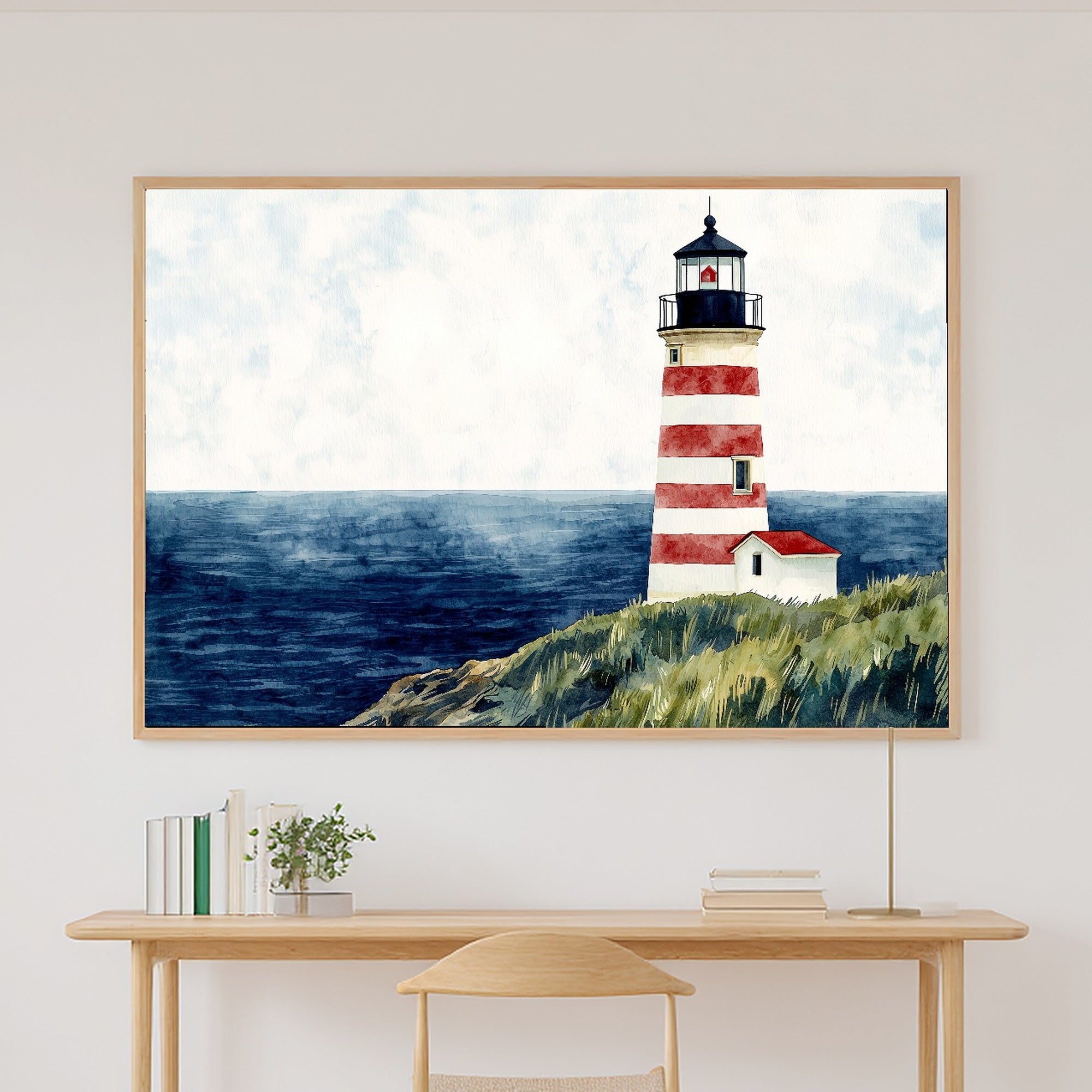 Soft Paradise Lighthouse Preppy Watercolor Canvas Wall Art — Warm Print for the Sunroom, A Gift the Island-Loving Friend Will Adore — lighthouse-preppy-watercolor-canvas-print.jpg