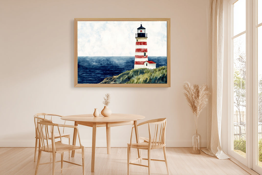 Soft Paradise Lighthouse Preppy Watercolor Canvas Wall Art — Warm Print for the Sunroom, A Gift the Island-Loving Friend Will Adore — lighthouse-preppy-watercolor-dining-room-wall-art.jpg