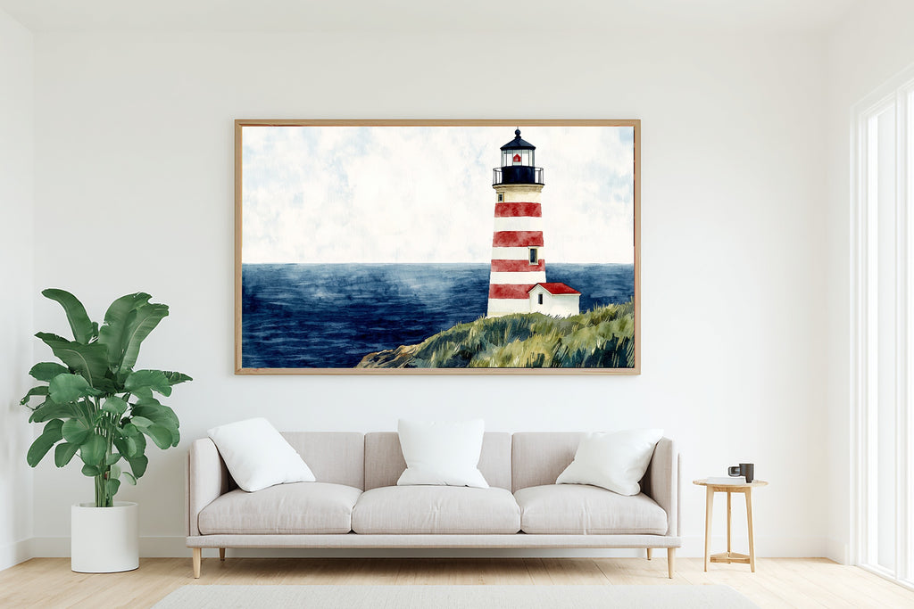 Soft Paradise Lighthouse Preppy Watercolor Canvas Wall Art — Warm Print for the Sunroom, A Gift the Island-Loving Friend Will Adore — lighthouse-preppy-watercolor-living-room-wall-art.jpg