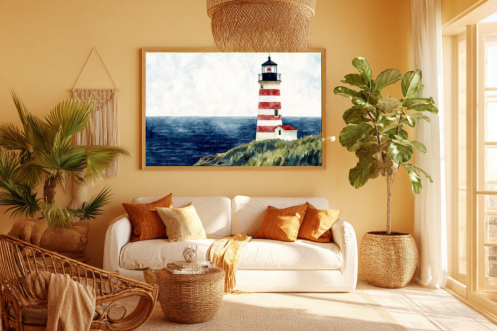 Soft Paradise Lighthouse Preppy Watercolor Canvas Wall Art — Warm Print for the Sunroom, A Gift the Island-Loving Friend Will Adore — lighthouse-preppy-watercolor-room-5-wall-art.jpg
