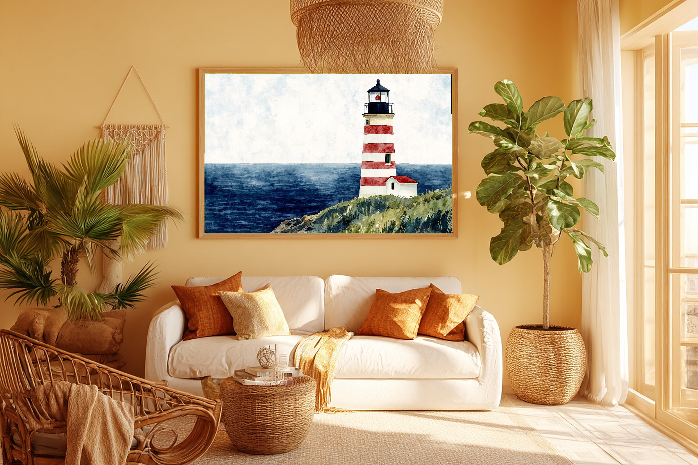 Soft Paradise Lighthouse Preppy Watercolor Canvas Wall Art — Warm Print for the Sunroom, A Gift the Island-Loving Friend Will Adore — lighthouse-preppy-watercolor-room-5-wall-art.jpg
