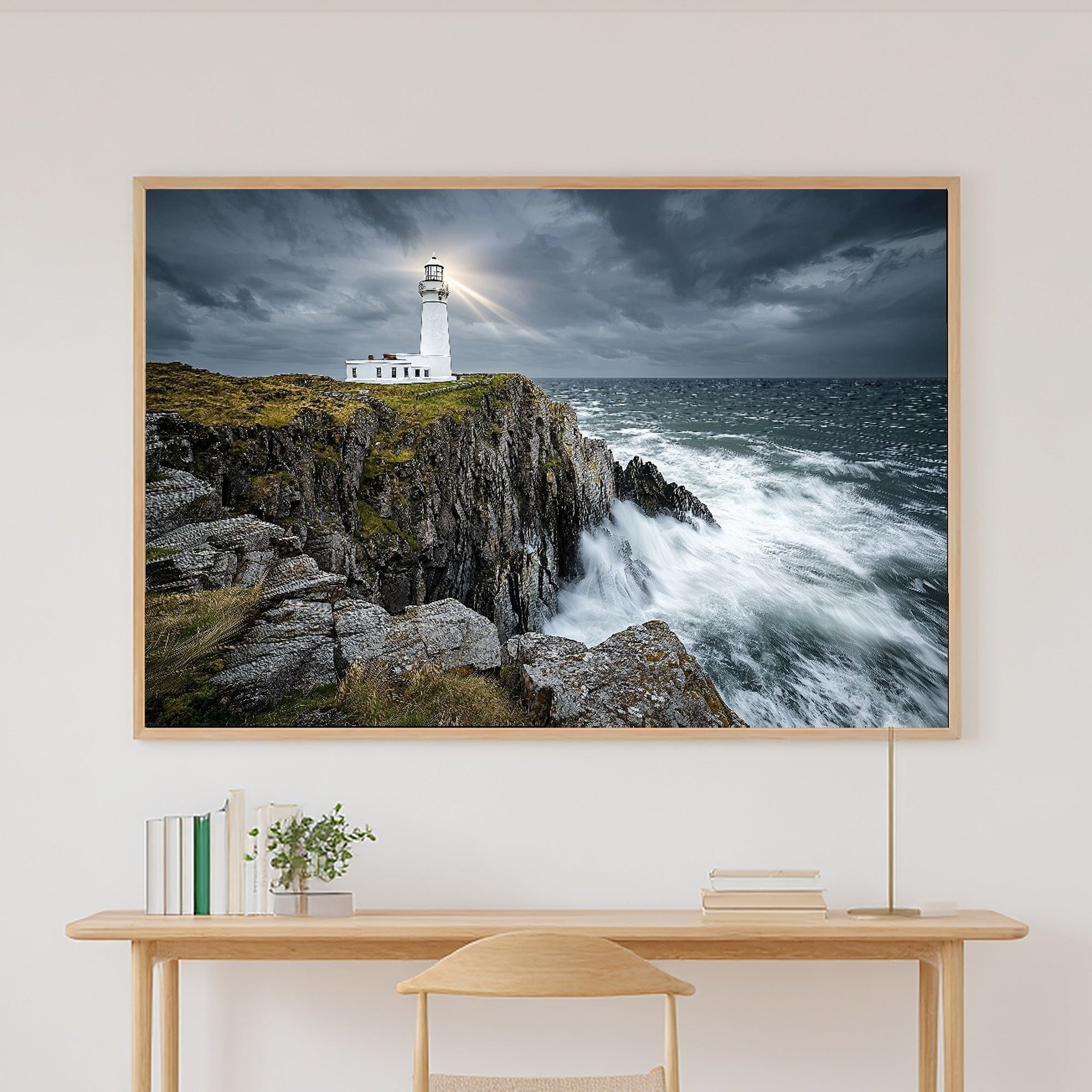 Sunlit Palm Lighthouse Storm Rocky Canvas Wall Art — Warm Print for the Sunroom, A Gift the Island-Loving Friend Will Adore — lighthouse-storm-rocky-canvas-print.jpg
