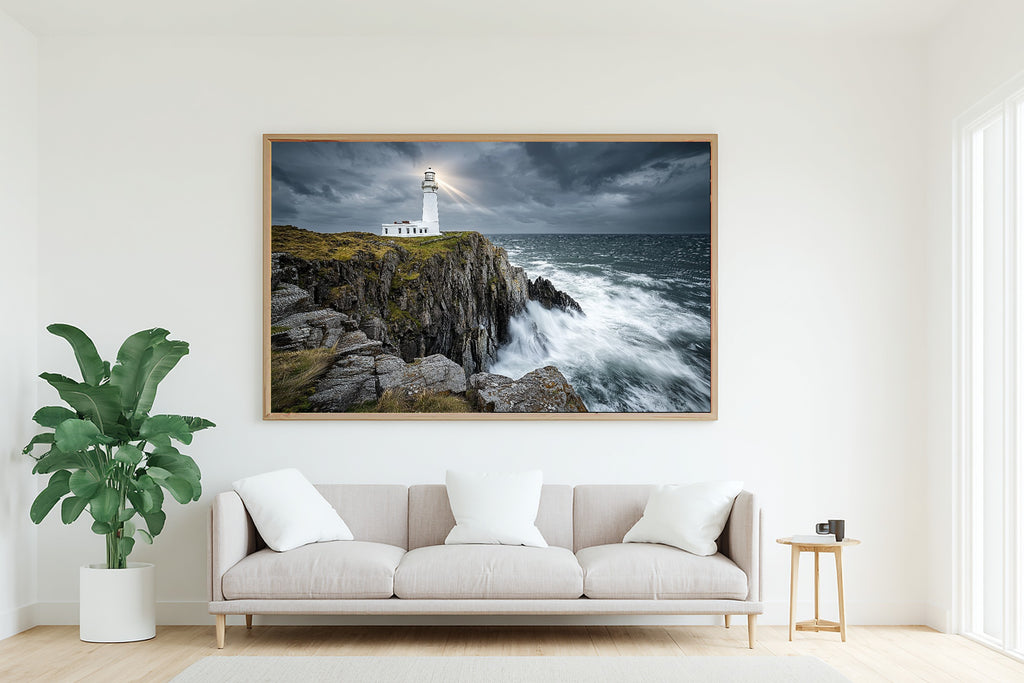 Sunlit Palm Lighthouse Storm Rocky Canvas Wall Art — Warm Print for the Sunroom, A Gift the Island-Loving Friend Will Adore — lighthouse-storm-rocky-living-room-wall-art.jpg