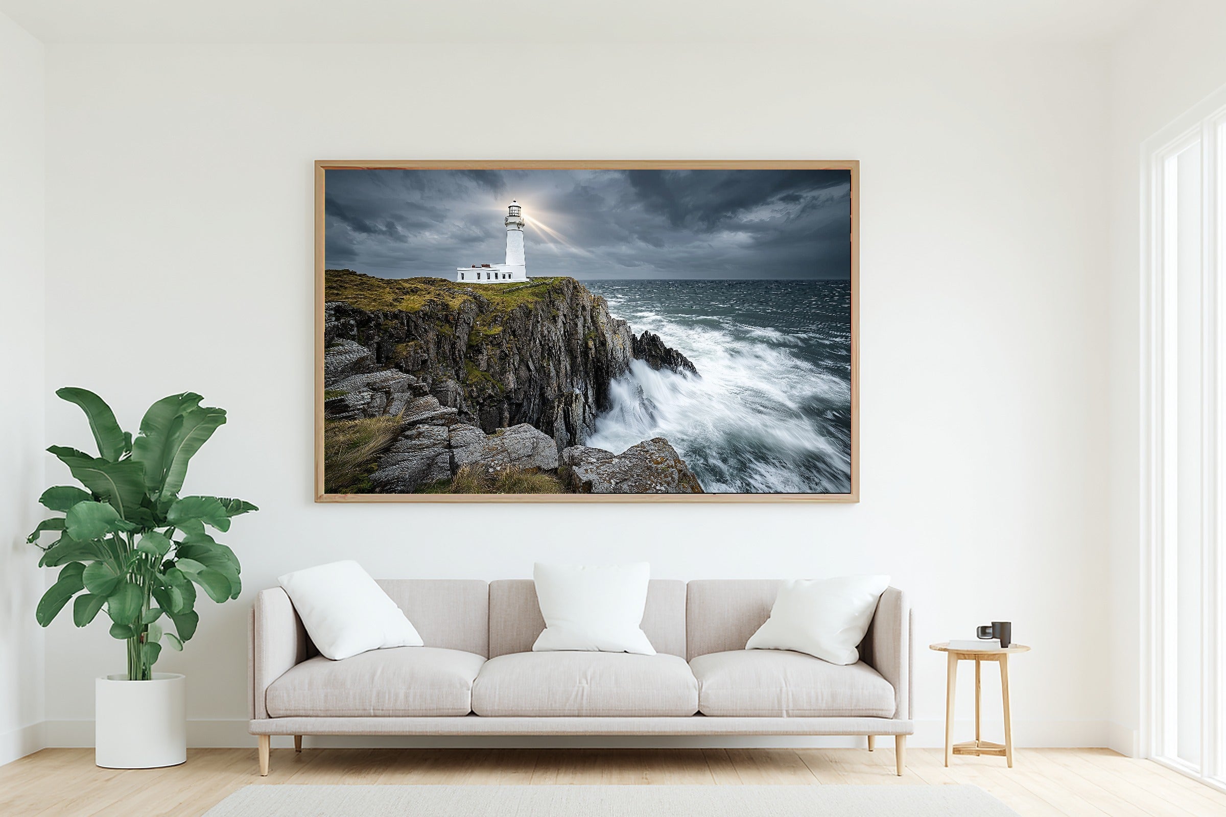 Sunlit Palm Lighthouse Storm Rocky Canvas Wall Art — Warm Print for the Sunroom, A Gift the Island-Loving Friend Will Adore — lighthouse-storm-rocky-living-room-wall-art.jpg