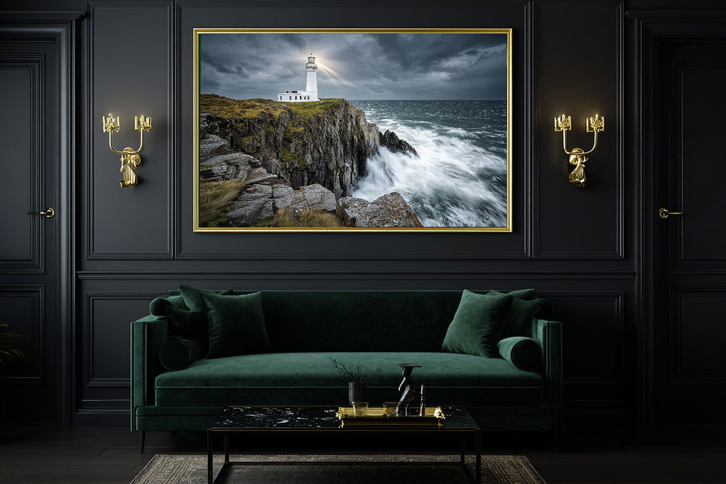Sunlit Palm Lighthouse Storm Rocky Canvas Wall Art — Warm Print for the Sunroom, A Gift the Island-Loving Friend Will Adore — lighthouse-storm-rocky-office-wall-art.jpg