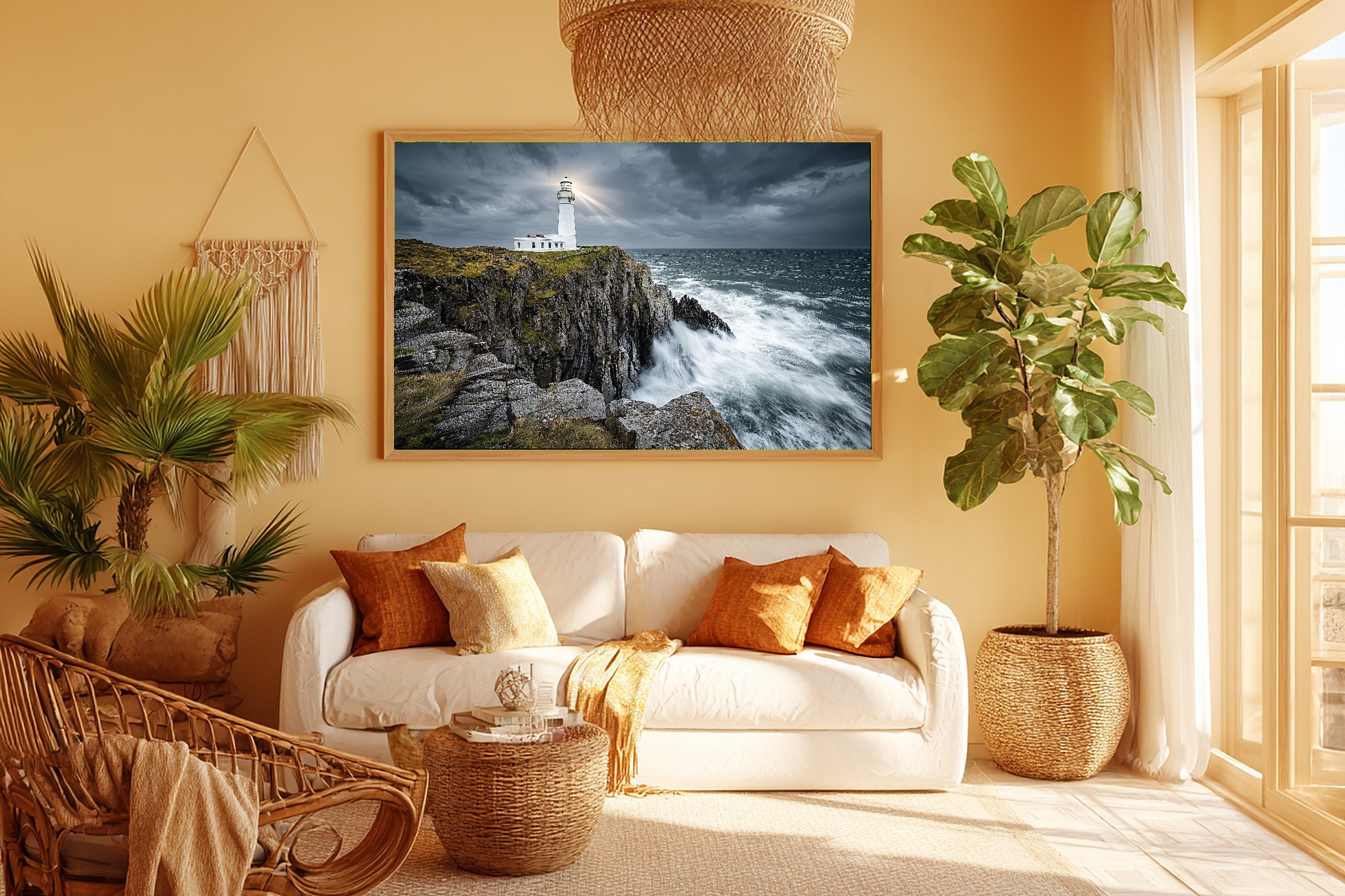 Sunlit Palm Lighthouse Storm Rocky Canvas Wall Art — Warm Print for the Sunroom, A Gift the Island-Loving Friend Will Adore — lighthouse-storm-rocky-room-5-wall-art.jpg
