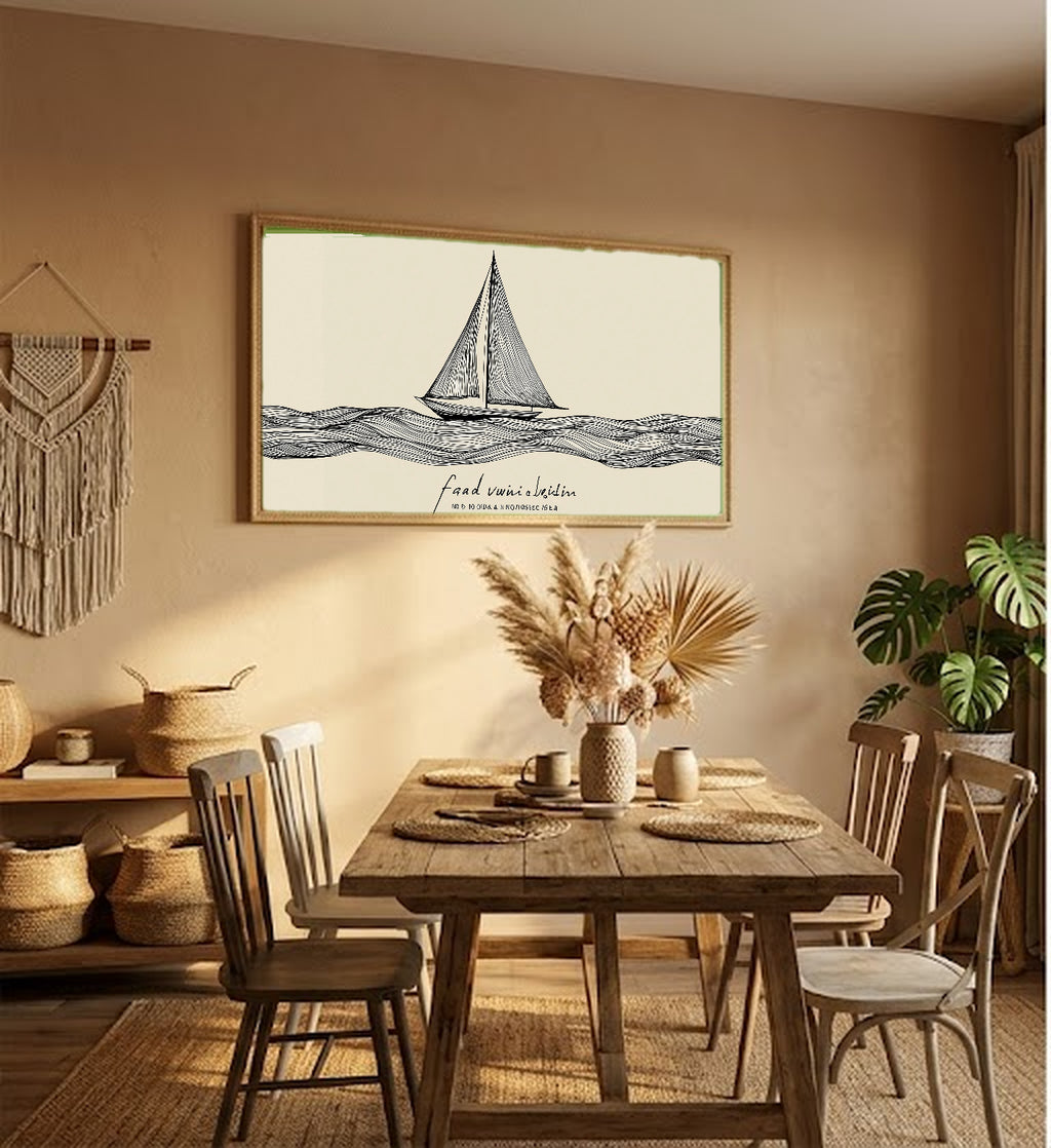 Line Sailboat Canvas Wall Art | Fair Winds Quote Print, Minimalist Coastal Decor, Stretched Canvas — line-sailboat-fair-winds-hallway-wall-art.jpg