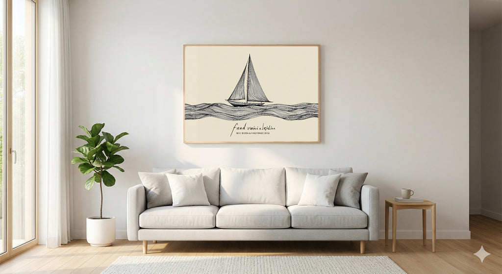 Line Sailboat Canvas Wall Art | Fair Winds Quote Print, Minimalist Coastal Decor, Stretched Canvas — line-sailboat-fair-winds-living-room-wall-art.jpg