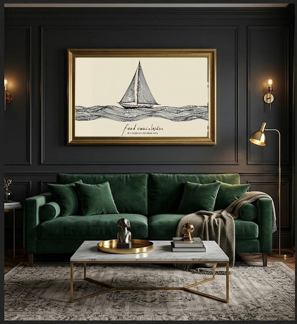 Line Sailboat Canvas Wall Art | Fair Winds Quote Print, Minimalist Coastal Decor, Stretched Canvas — line-sailboat-fair-winds-office-wall-art.jpg