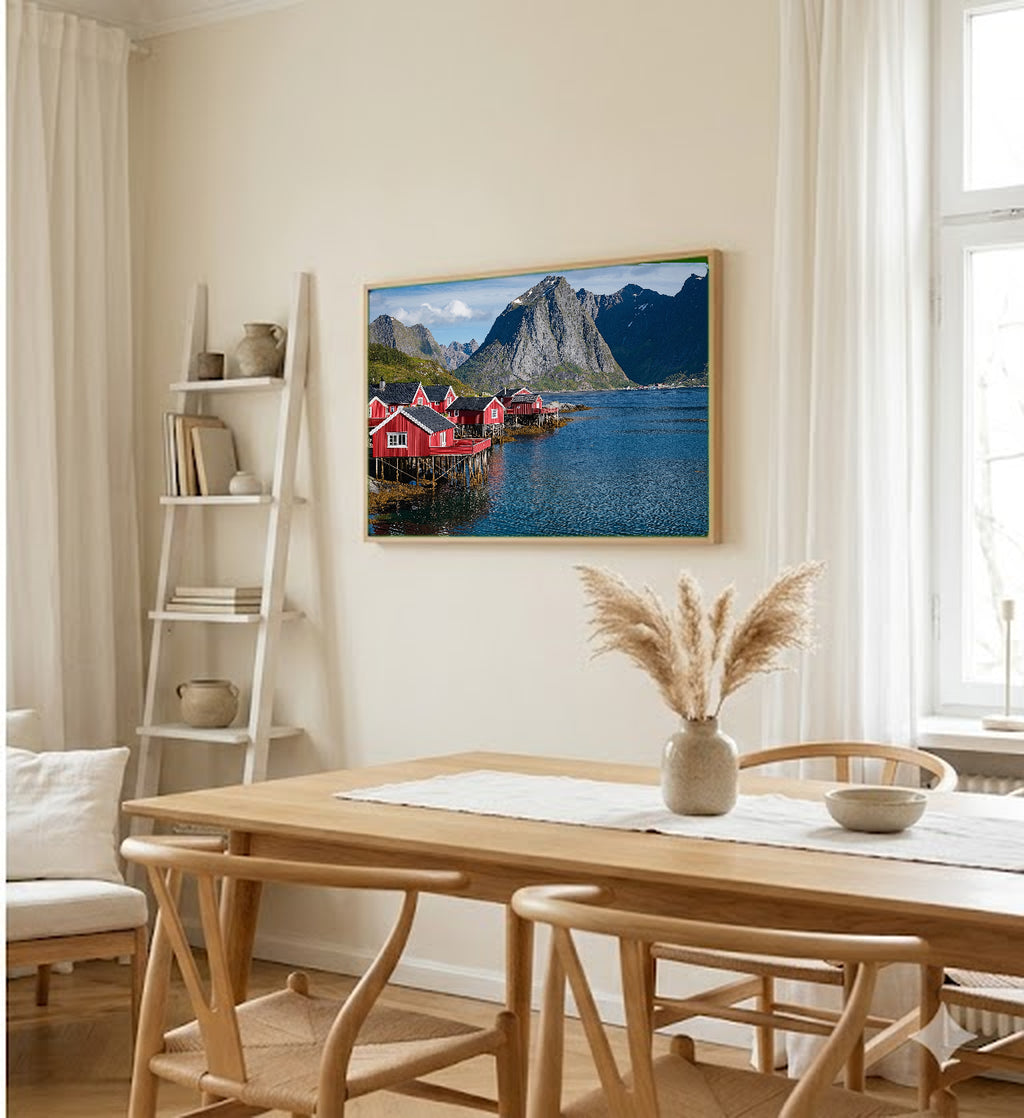 Lofoten Canvas Wall Art | Norway Fishing Village Print, Nordic Decor, Arctic Beauty, Stretched Canvas — lofoten-fishing-village-dining-room-wall-art.jpg