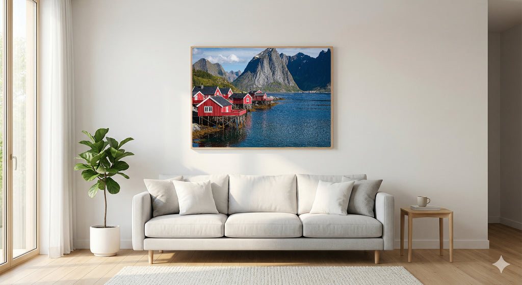 Lofoten Canvas Wall Art | Norway Fishing Village Print, Nordic Decor, Arctic Beauty, Stretched Canvas — lofoten-fishing-village-living-room-wall-art.jpg