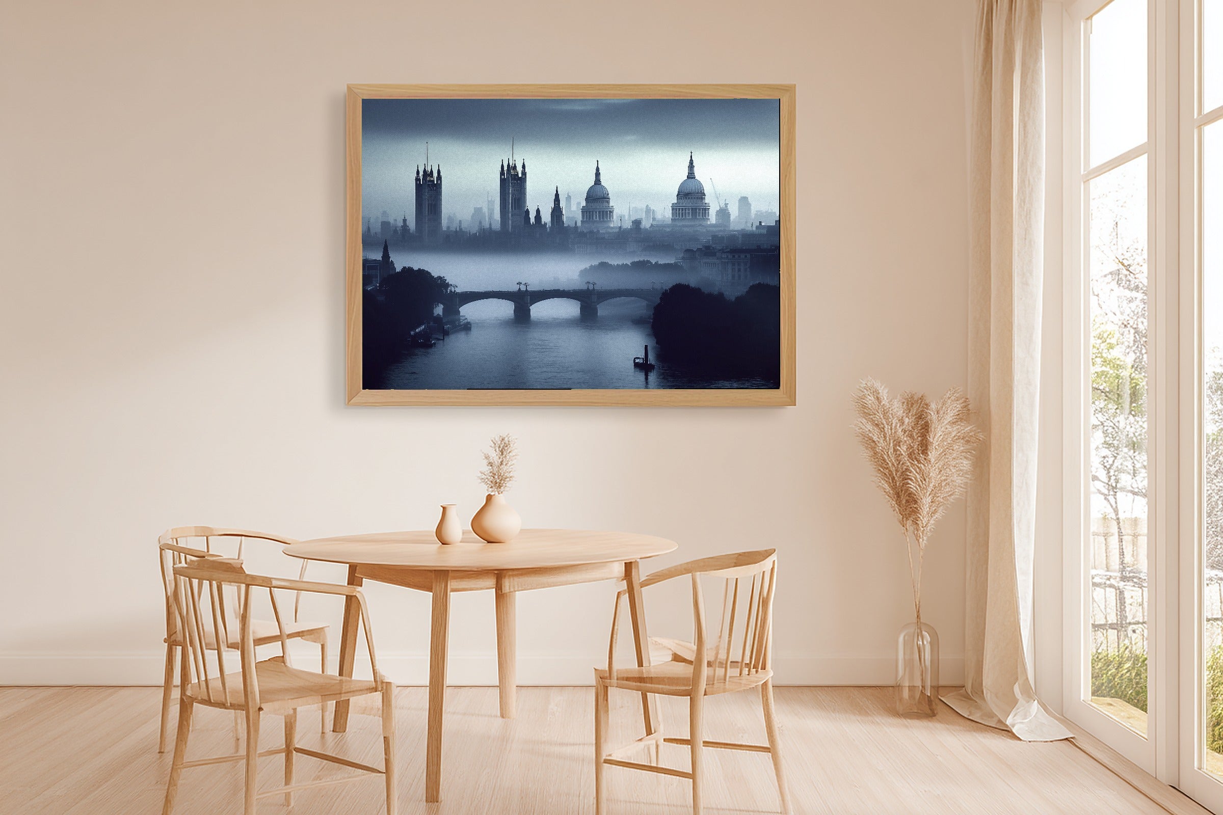Dreamy London Skyline Fog — Golden-Hour Skyline Wall Art, Warm Modern Loft Decor, Stretched Canvas, Ready to Hang — london-skyline-fog-dining-room-wall-art.jpg