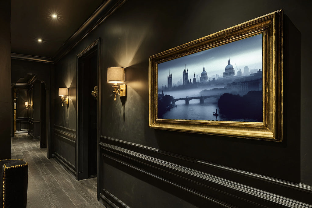 Dreamy London Skyline Fog — Golden-Hour Skyline Wall Art, Warm Modern Loft Decor, Stretched Canvas, Ready to Hang — london-skyline-fog-hallway-wall-art.jpg