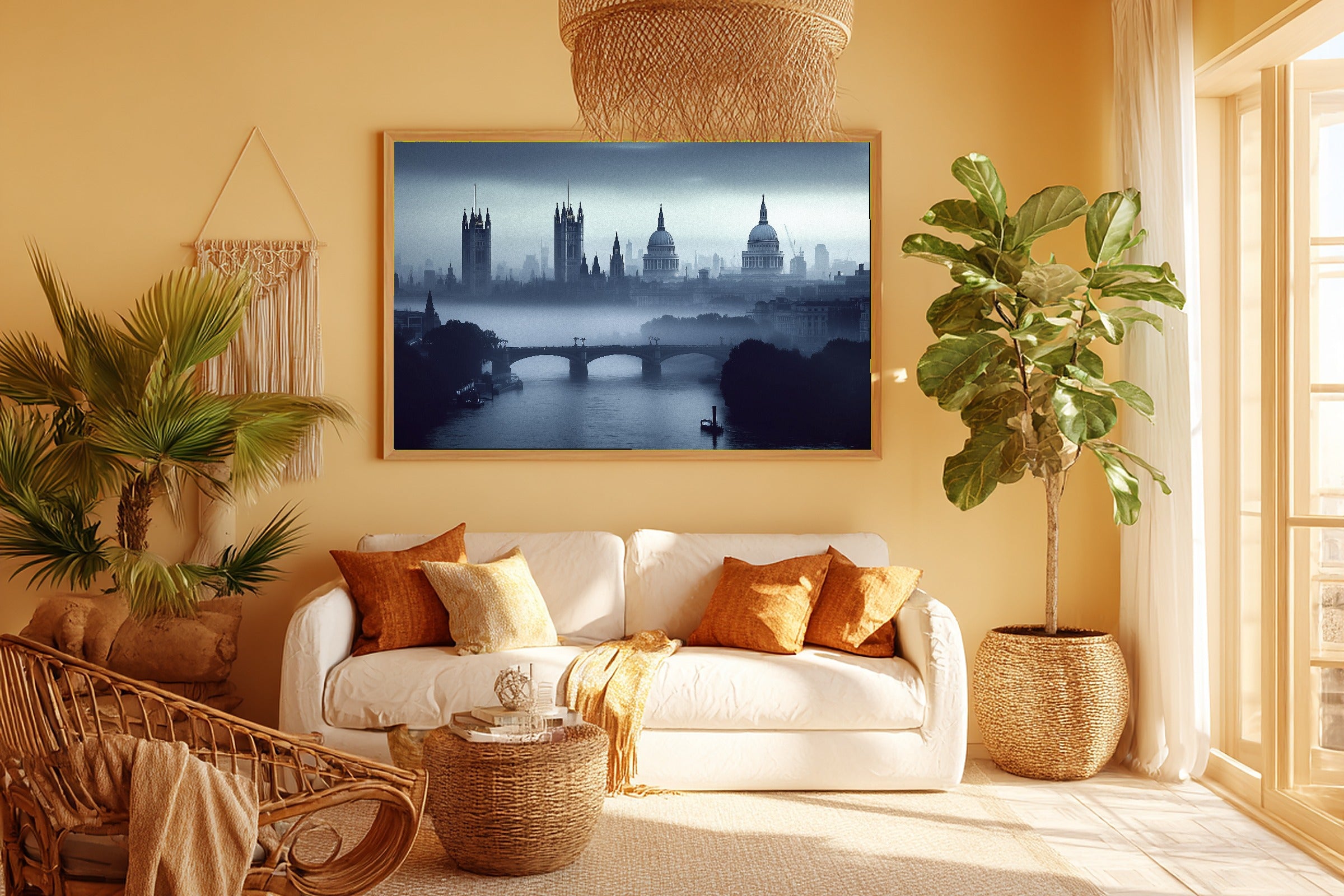 Dreamy London Skyline Fog — Golden-Hour Skyline Wall Art, Warm Modern Loft Decor, Stretched Canvas, Ready to Hang — london-skyline-fog-room-5-wall-art.jpg
