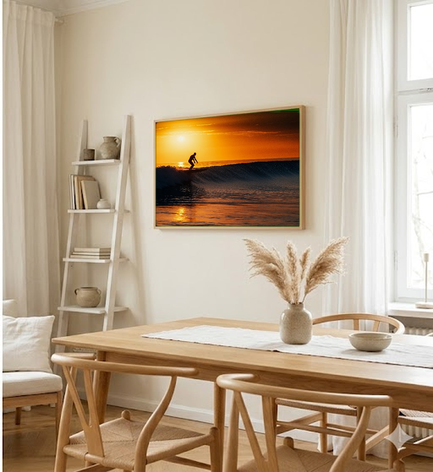 Longboard Canvas Wall Art | Wave Silhouette Print, Coastal Surfer Decor, Stretched Canvas — longboard-silhouette-wave-dining-room-wall-art.jpg