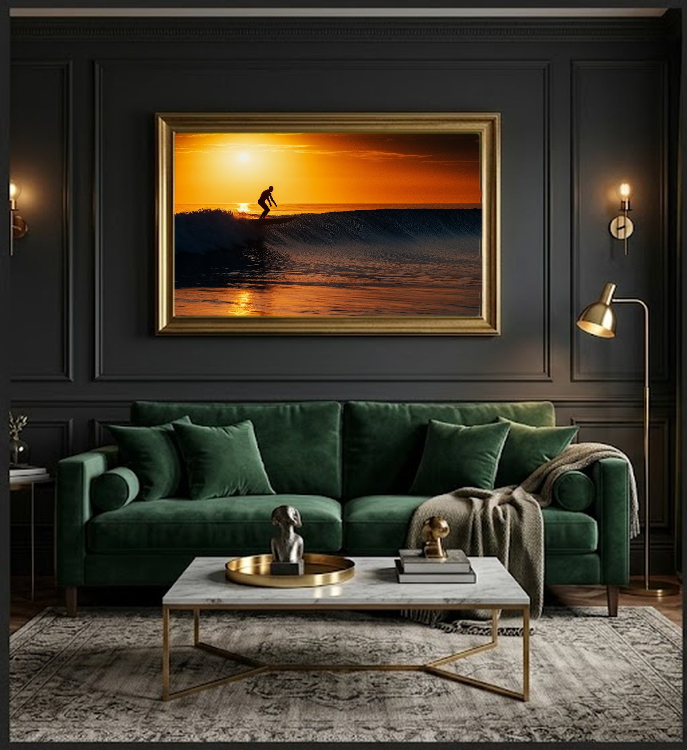 Longboard Canvas Wall Art | Wave Silhouette Print, Coastal Surfer Decor, Stretched Canvas — longboard-silhouette-wave-office-wall-art.jpg