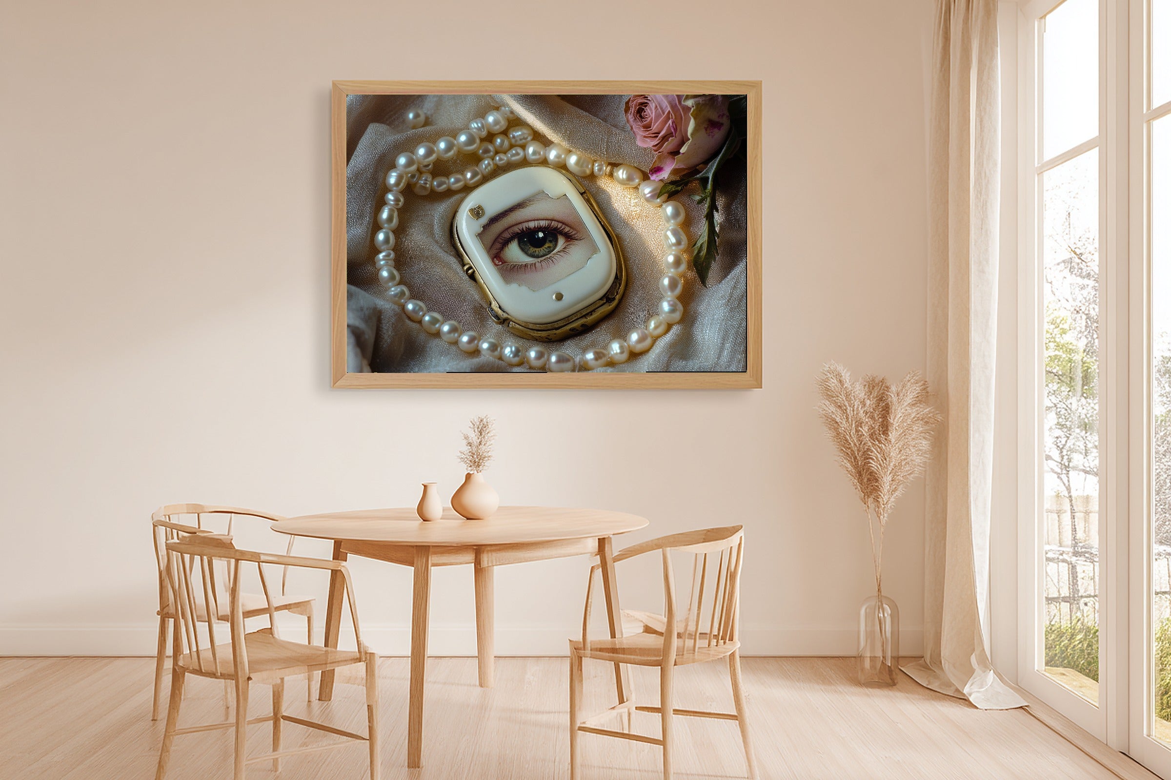 Lovers Eye Ivory Locket Pearls Canvas Print, Soft Dreamy Glow, Bedroom Focal Point, Premium Canvas, Thoughtful Housewarming Gift — lovers-eye-ivory-locket-pearls-dining-room-wall-art.jpg