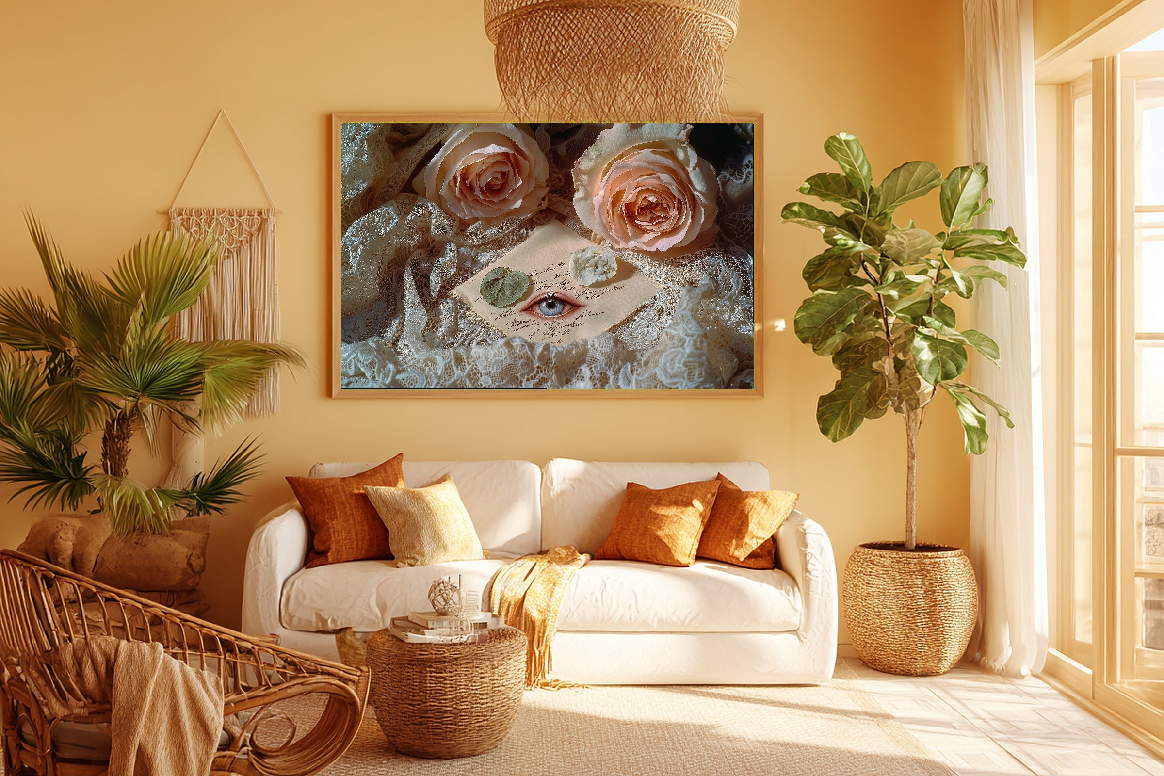 Lovers Eye Pressed Roses Lace Giclée Canvas Print, Warm Gallery Wall Art Home Decor Print, Living Room Statement Piece — lovers-eye-pressed-roses-lace-room-5-wall-art.jpg