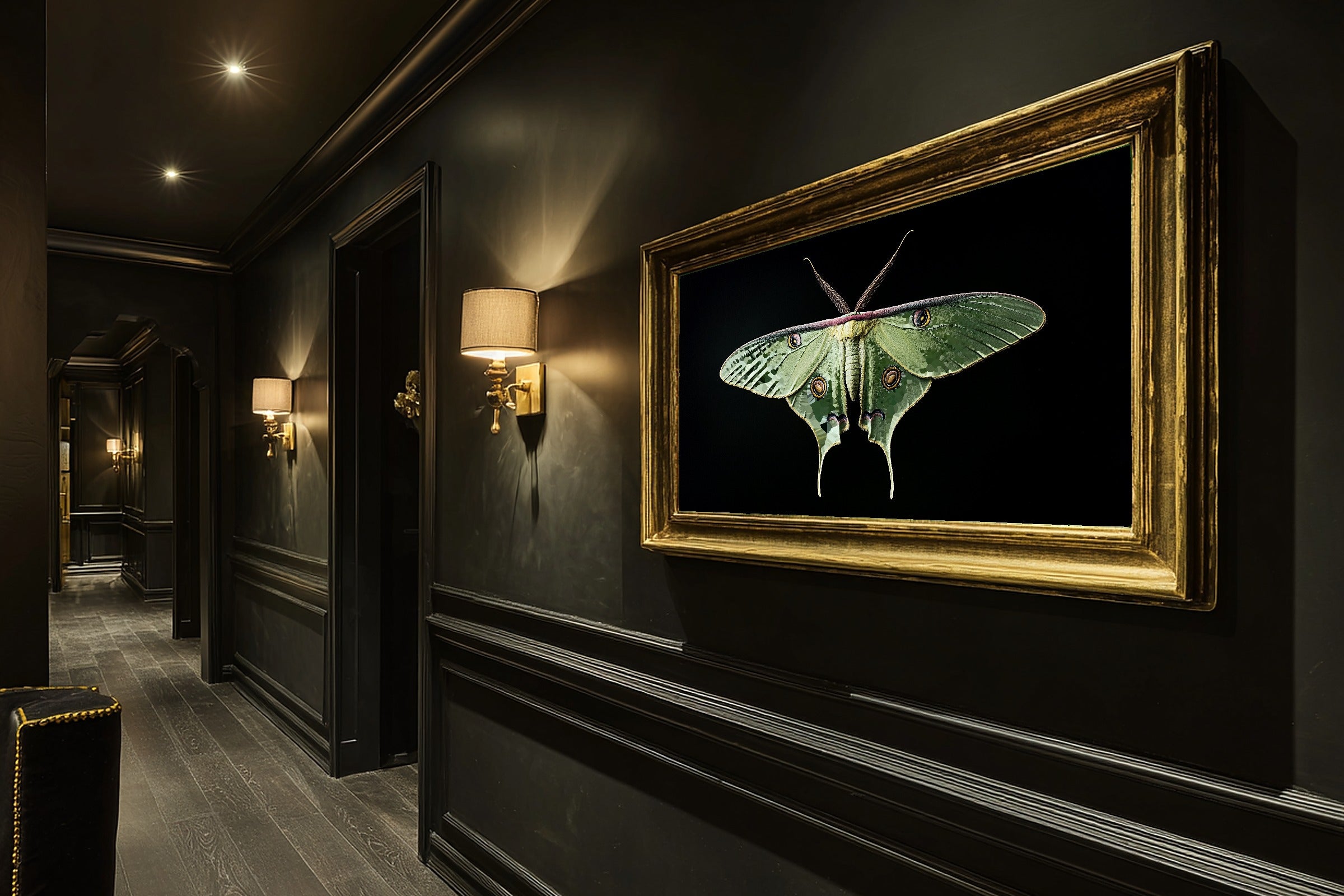 Warm Gallery Luna Moth Dark Botanical Art Print — Soulful Decor for the Living Room, Stretched Canvas the Art Lover in Your Life Will Love — luna-moth-dark-botanical-hallway-wall-art.jpg
