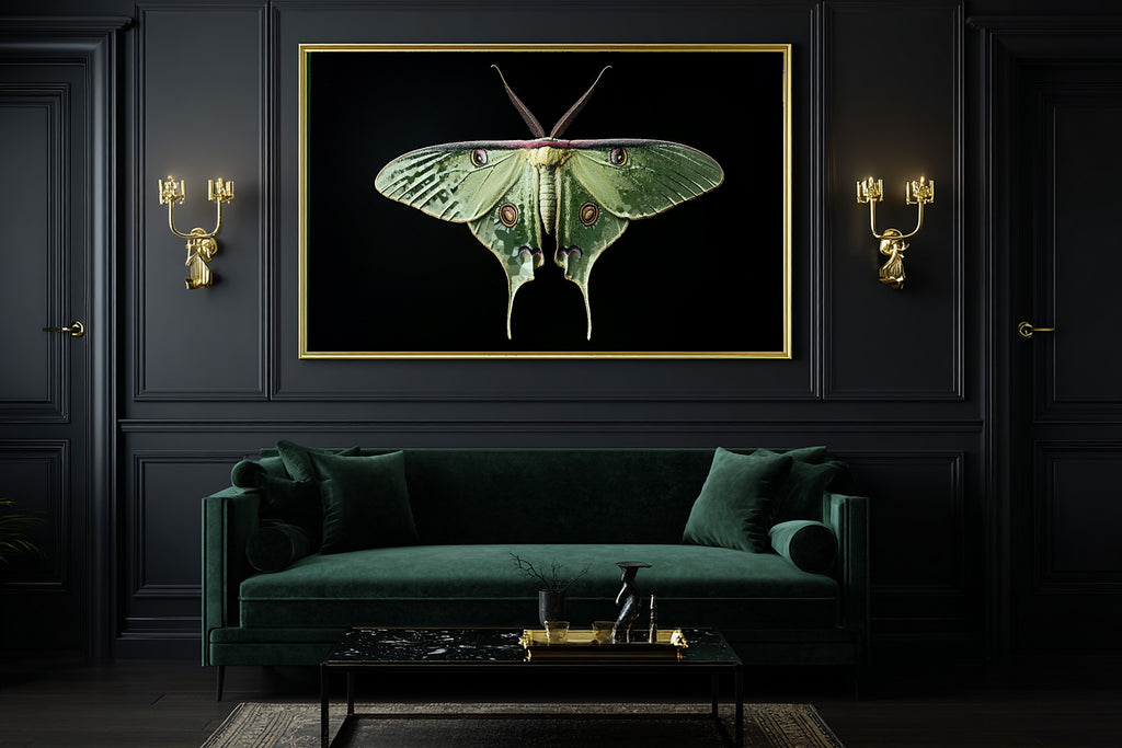 Warm Gallery Luna Moth Dark Botanical Art Print — Soulful Decor for the Living Room, Stretched Canvas the Art Lover in Your Life Will Love — luna-moth-dark-botanical-office-wall-art.jpg