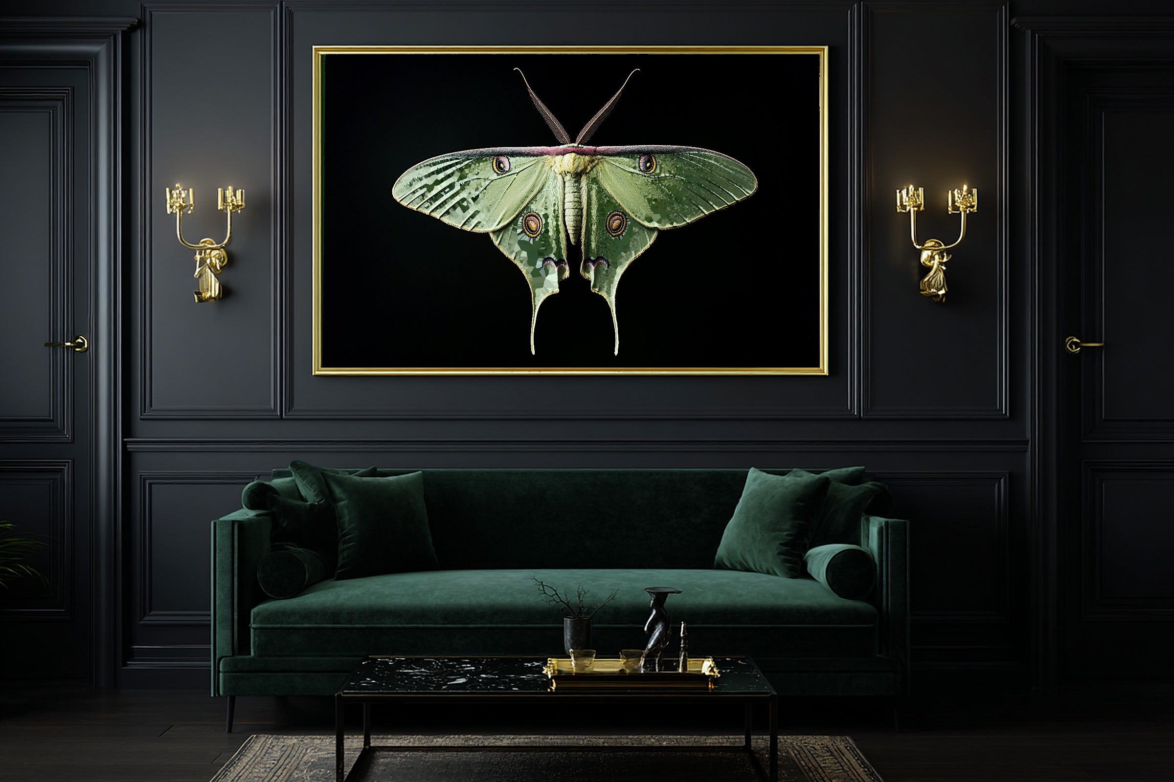 Warm Gallery Luna Moth Dark Botanical Art Print — Soulful Decor for the Living Room, Stretched Canvas the Art Lover in Your Life Will Love — luna-moth-dark-botanical-office-wall-art.jpg