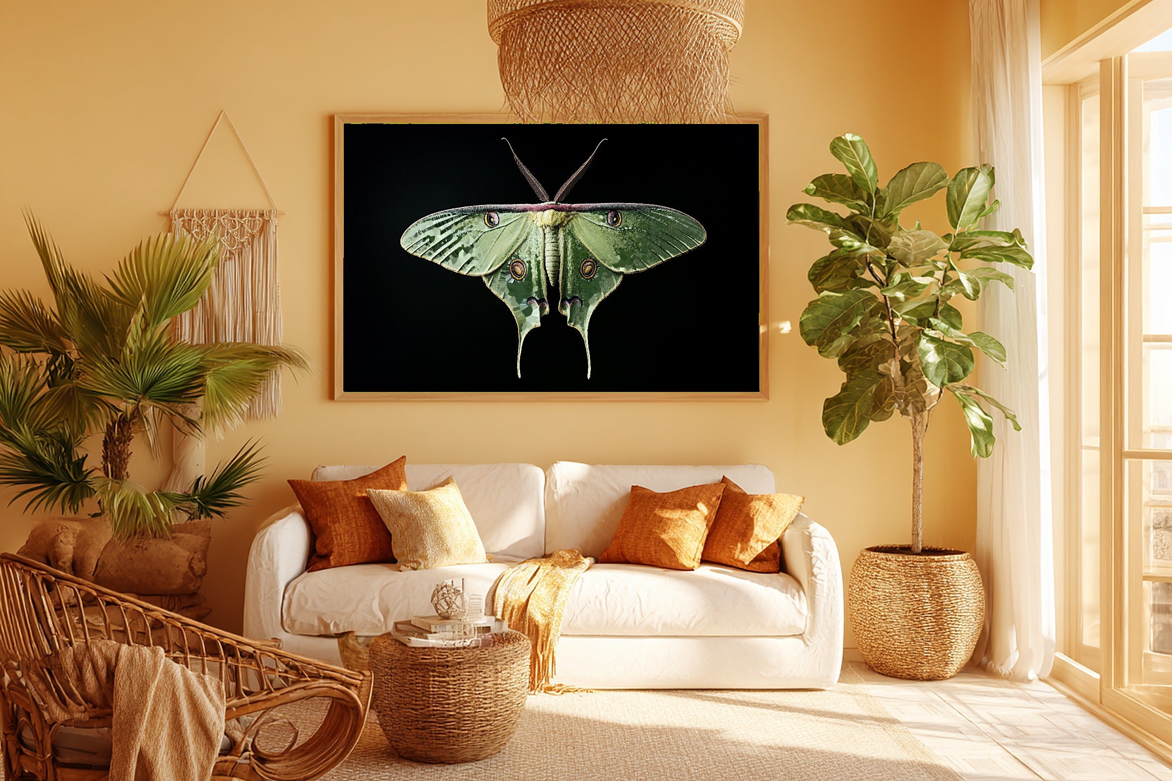 Warm Gallery Luna Moth Dark Botanical Art Print — Soulful Decor for the Living Room, Stretched Canvas the Art Lover in Your Life Will Love — luna-moth-dark-botanical-room-5-wall-art.jpg