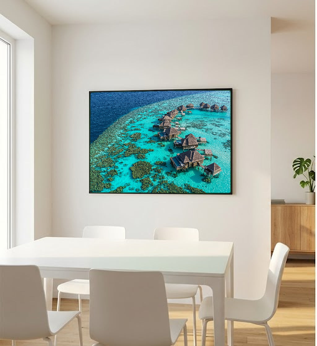 Maldives Canvas Wall Art | Overwater Villas Print, Tropical Paradise, Luxury Coastal Decor, Stretched Canvas — maldives-overwater-bedroom-wall-art.jpg