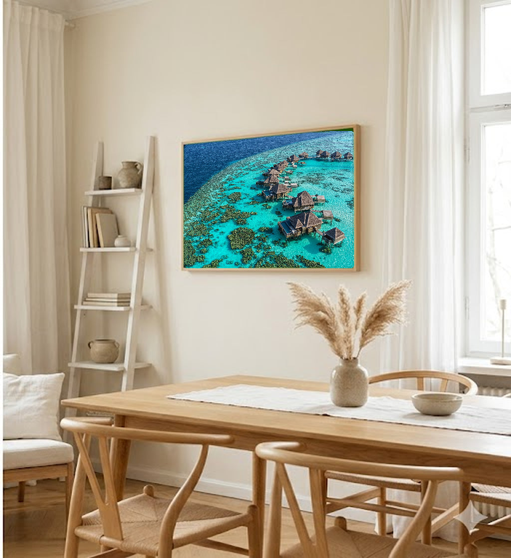Maldives Canvas Wall Art | Overwater Villas Print, Tropical Paradise, Luxury Coastal Decor, Stretched Canvas — maldives-overwater-dining-room-wall-art.jpg