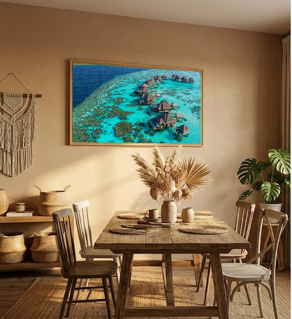 Maldives Canvas Wall Art | Overwater Villas Print, Tropical Paradise, Luxury Coastal Decor, Stretched Canvas — maldives-overwater-hallway-wall-art.jpg