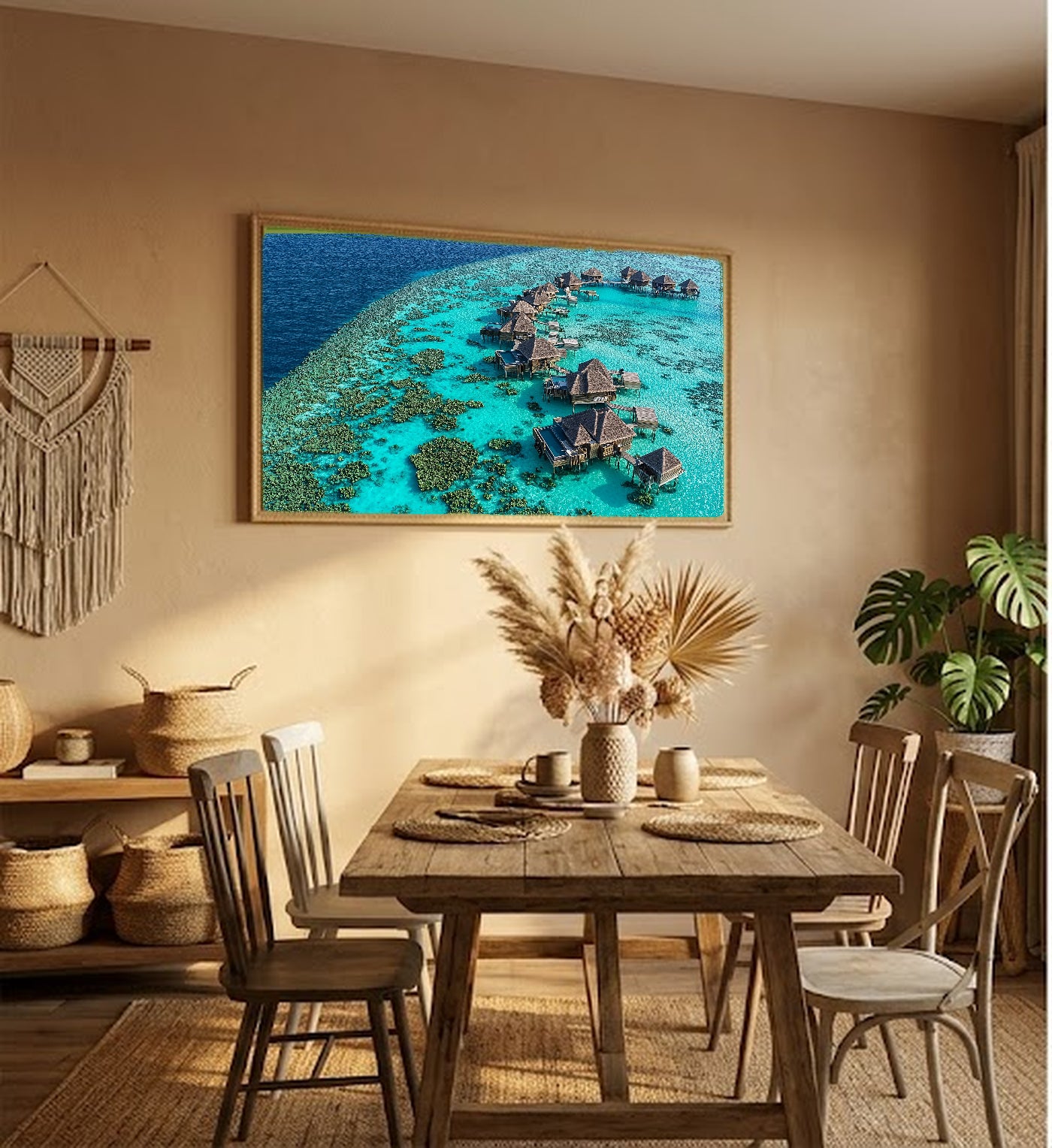 Maldives Canvas Wall Art | Overwater Villas Print, Tropical Paradise, Luxury Coastal Decor, Stretched Canvas — maldives-overwater-hallway-wall-art.jpg