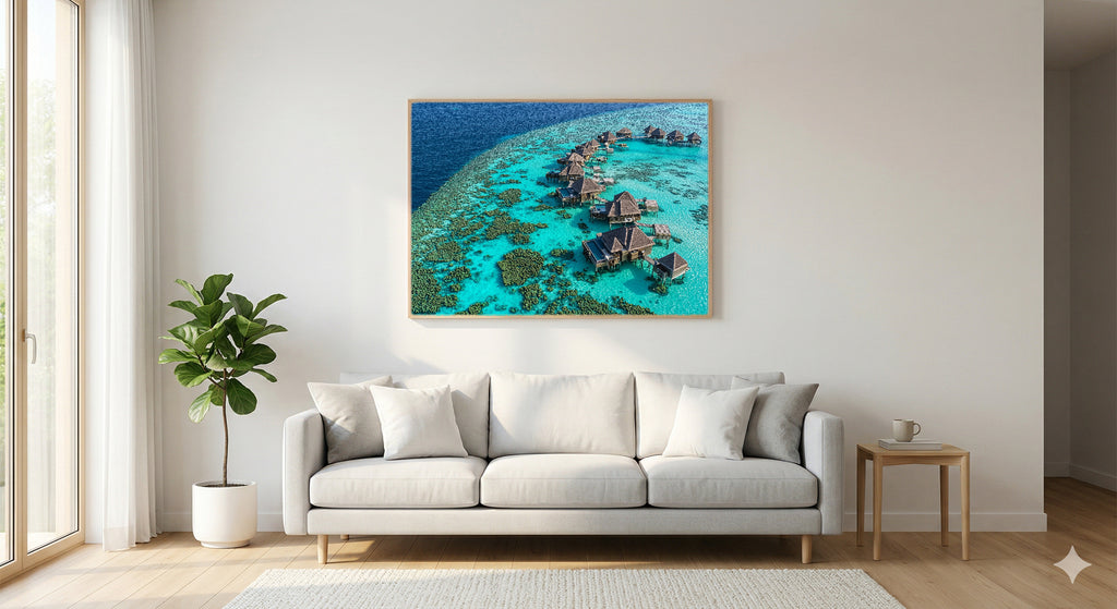 Maldives Canvas Wall Art | Overwater Villas Print, Tropical Paradise, Luxury Coastal Decor, Stretched Canvas — maldives-overwater-living-room-wall-art.jpg